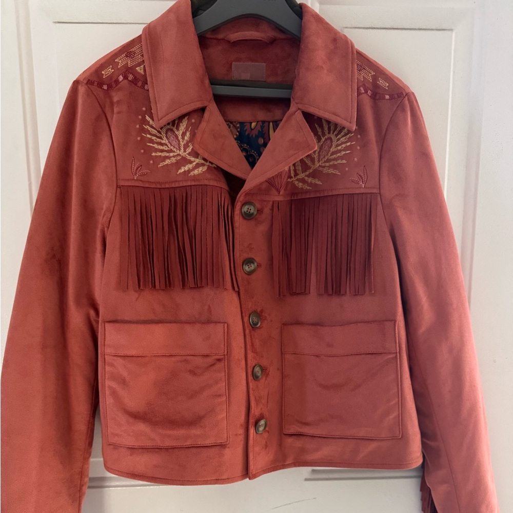 Women's Embroidered Fringe Jacket - Rust